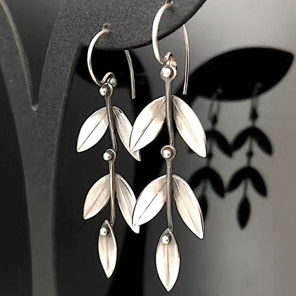 Silver Leaf Drop Flower Boho Vintage Hook Minimalist Earrings